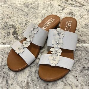 Italian Shoemakers White and Brown Sandals with Flower Embellishments